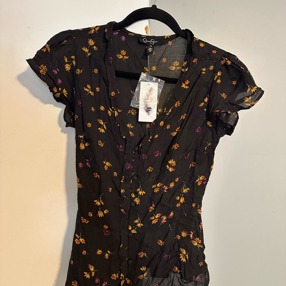 Jessica Simpson Black Blouse with Purple and Yellow Floral